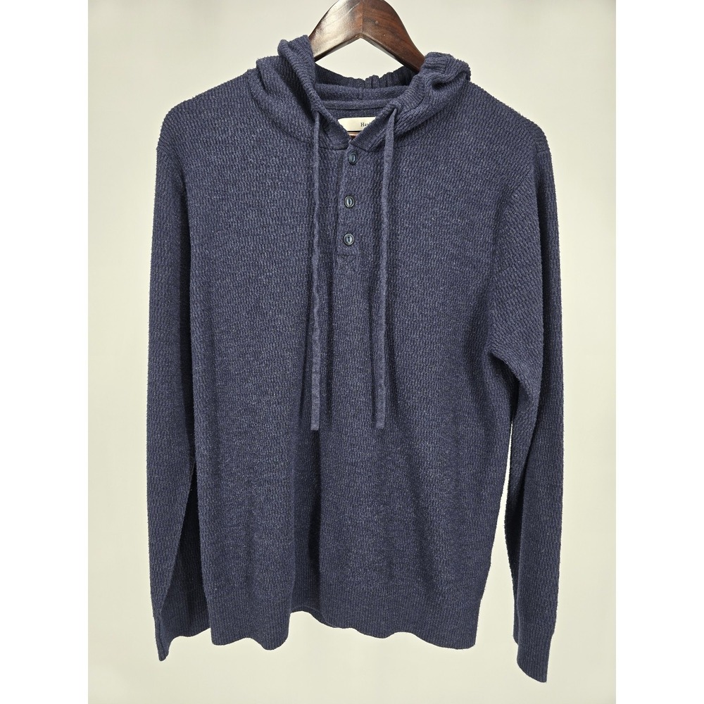 Hawker Rye Sweater Mens Large Navy Heather Hooded Pullover Button Knit Hoodie